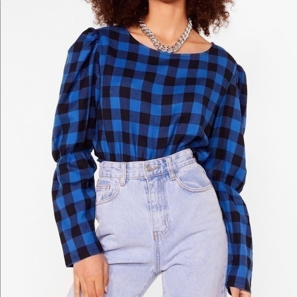 Nasty Gal‎ Gingham Puff Sleeve Blouse Blue Sz 6